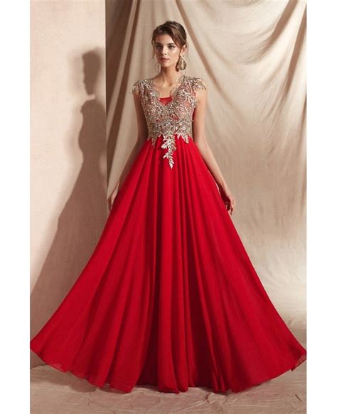 Gorgeous Red Chiffon Long Evening Dress With Lace Rhinestone Top