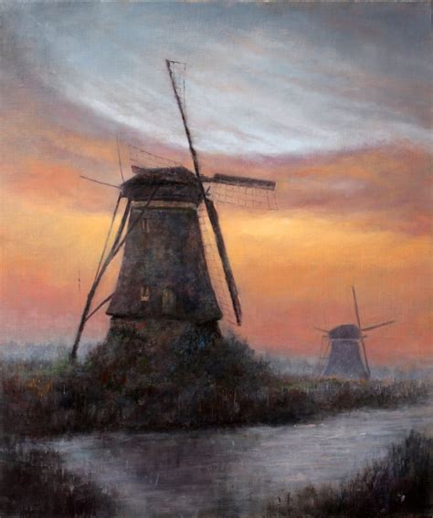 Windmills In Sunset Oil Painting Fine Arts Gallery Original Fine