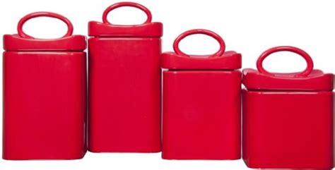 The red kitchen canister sets featured here are ideal for use with all sorts of kitchen items. Durable Set of Four (4) Square Red Ceramic Canisters with ...