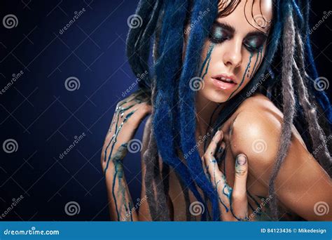 Fashion Model Girl Portrait With Colorful Paint Make Up Woman Bright Color Makeup Closeup Of