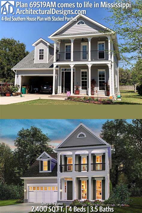 Wood exterior shutters, small paned windows, and covered porches create an inviting home full of southern charm. Plan 69519AM: 4-Bed Southern House Plan with Stacked ...