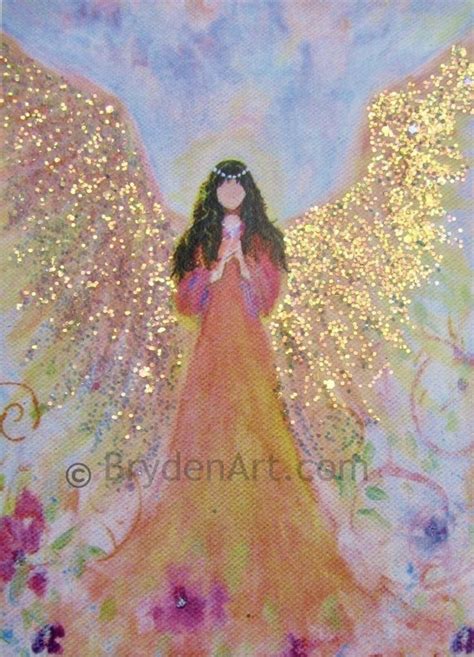 A Painting Of An Angel With Flowers And Sparkles On Its Wings Holding