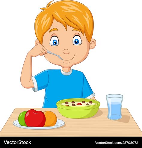 Cartoon Little Boy Having Breakfast Cereals Vector Image