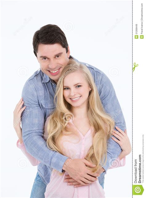 Beautiful Young Happy Couple Love Smiling Embracing Stock