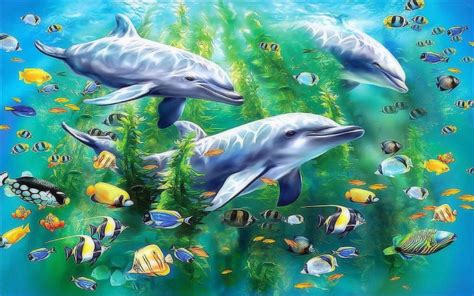 Animal World Under Sea Ocean Water Seaweed Algae Dolphins Sarongs
