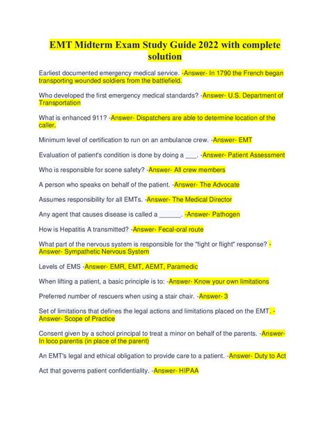 EMT Midterm Exam Study Guide 2022 with complete solution - Browsegrades