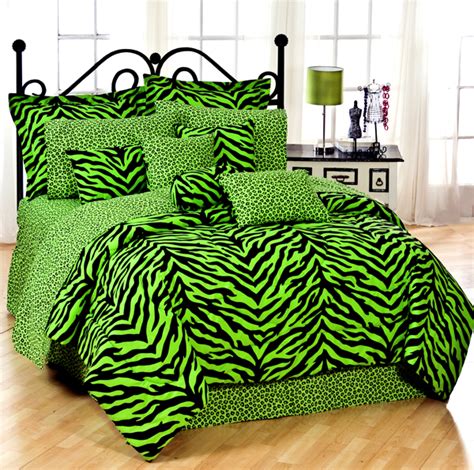 1 comforter, 1 bed ruffle and 2 shams. Lime Green Zebra Print Comforter and Bedding