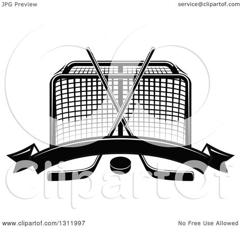 Clipart Of A Black And White Hockey Goal Post With Crossed Sticks A