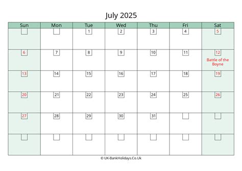 July 2025 Calendar Printable With Bank Holidays Uk