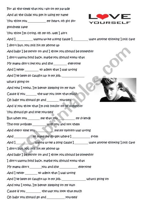 Love Yourself Justin Bieber Listening Comprehension A1 Esl