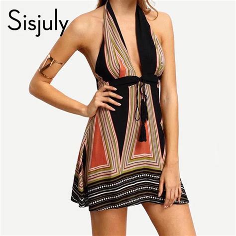 Boho Women Summer Short Loose Dress Deep V Neck Halter Backless Ethnic Sexy Dress Sleeveless