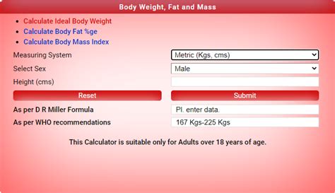 Ideal Body Weight Fat Percentage Mass Index Calculator