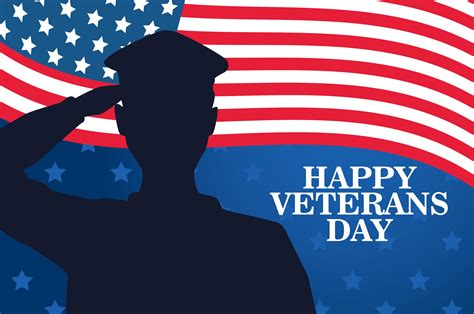 Happy Veterans Day Celebration With Military Officer Saluting And Usa Flag Vector Art At