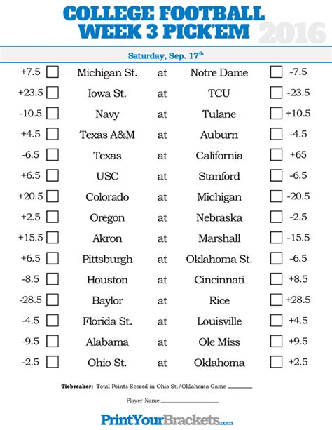 Includes updated point spreads, money lines, and totals lines. Week 3 College Football Pick'em Sheets - Printable