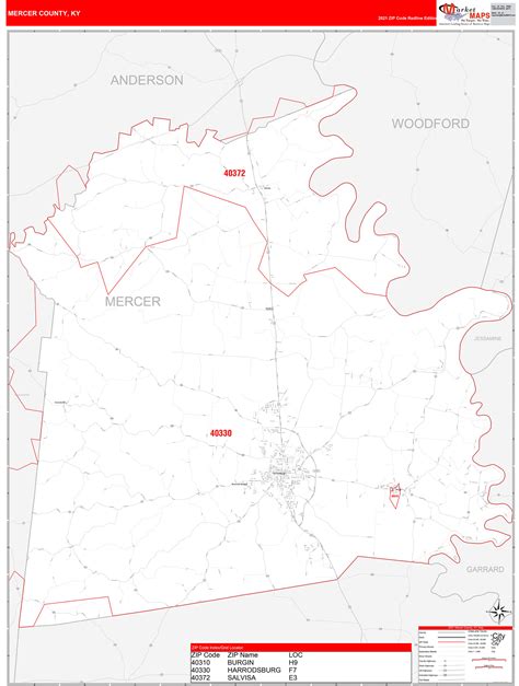 Mercer County Ky Zip Code Wall Map Red Line Style By Marketmaps Mapsales