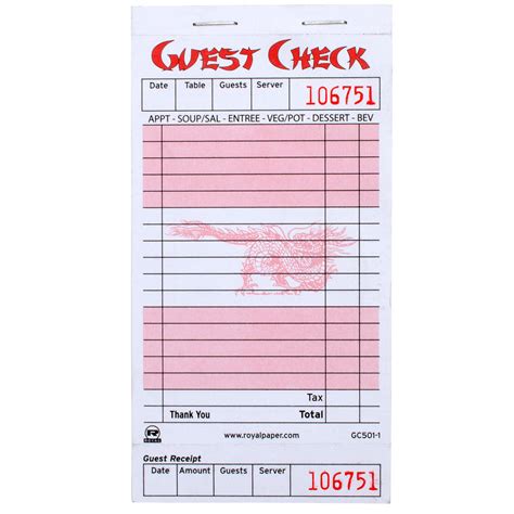 Royal Paper Gc501 1 Chinese Asian Themed 1 Part Rose Guest Check With