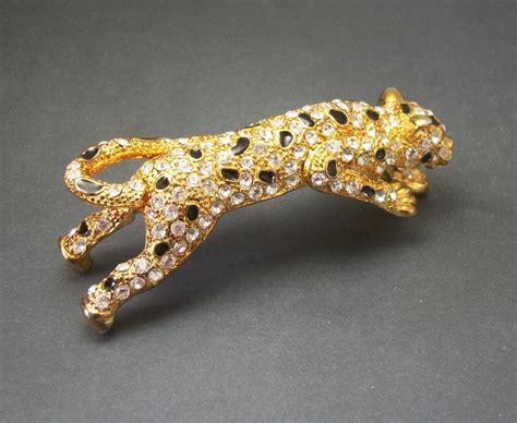Vintage Panther Leopard Shoulder Brooch Gold With Black Enamel And Pave Clear Crystals Ornate