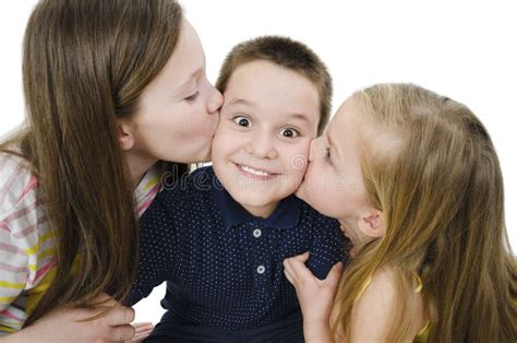 Two Sisters Kissing Surprised Brother Two Young Girls Kissing