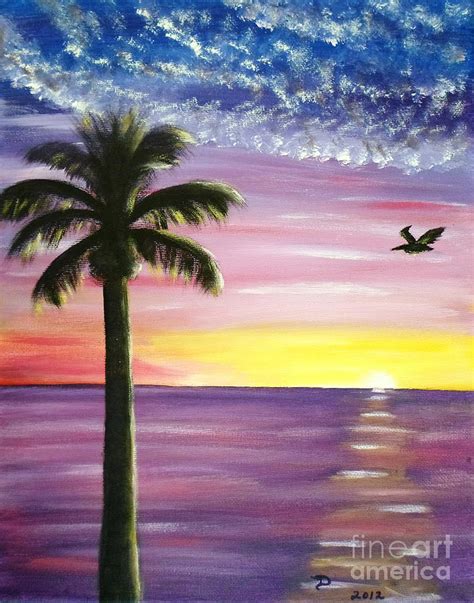 Pelican And Palm Tree Sunset Painting By Diane Wigstone