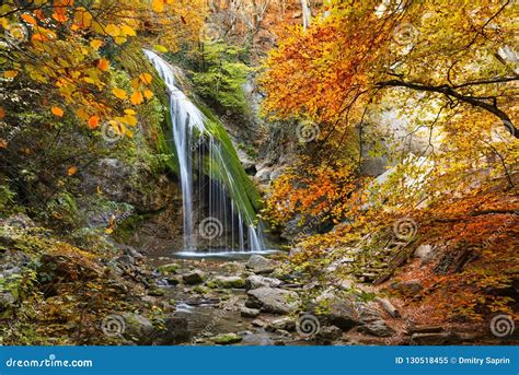 Beautiful Waterfall In Autumn Forest In Crimean Mountains Stock Image