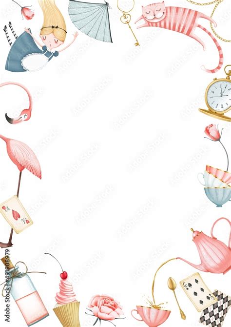 A Frame Of Illustrations Of Alice In Wonderland White Background A