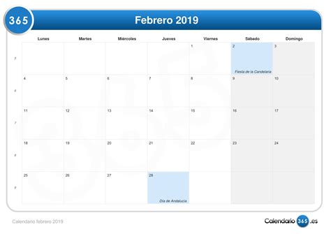 Calendario Febrero 2019