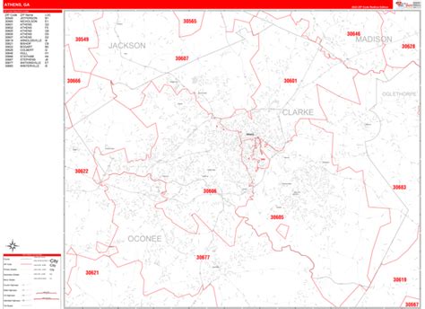 Athens Georgia Zip Code Wall Map Red Line Style By Marketmaps Mapsales
