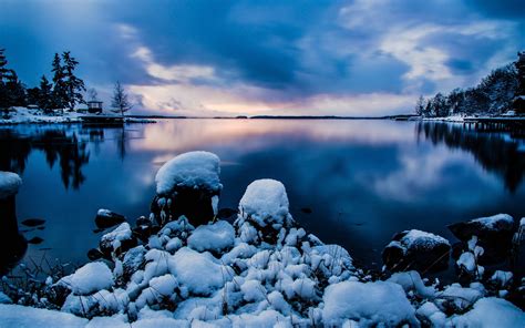 Beautiful Night Snow Stockholm Sweden Calm Lake Cold