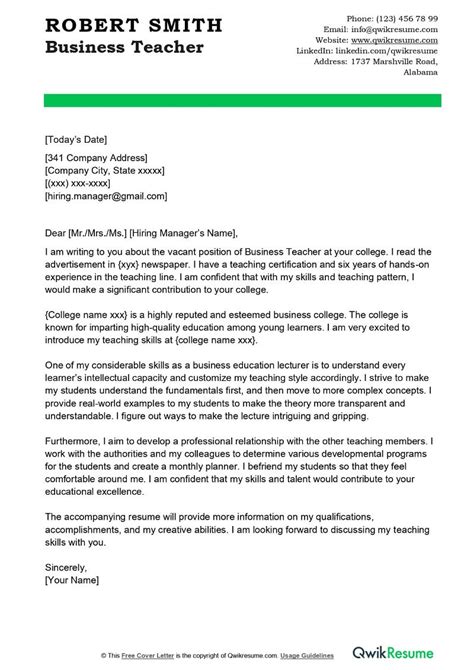 Business Teacher Cover Letter Examples Qwikresume