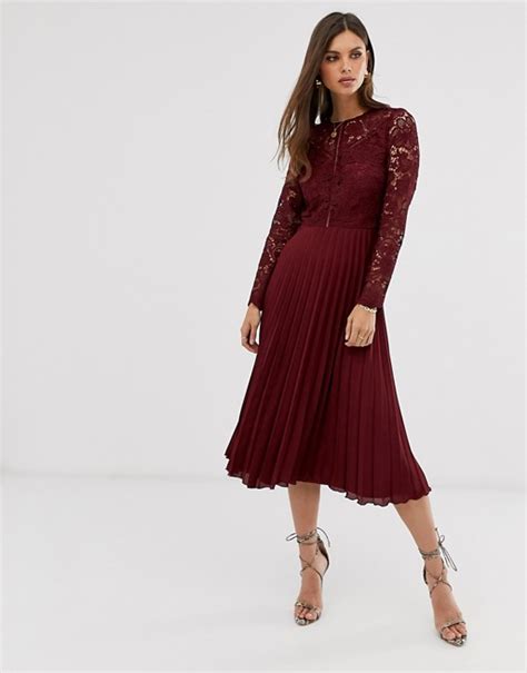 Asos Design Long Sleeve Lace Bodice Midi Dress With Pleated Skirt