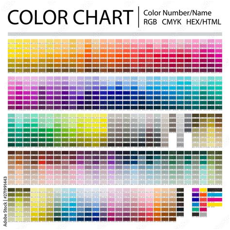 Color Chart Print Test Page Color Numbers Or Names RGB CMYK Pantone HEX HTML Codes Vector