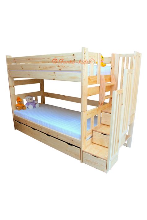 Our medium wood bunk bed with futon and stairs is crafted with durable pine wood and features a classic design that will make a great addition to any our jericho unfinished xl twin size wooden bunk beds with stairs are sturdy, safe, and affordable. Solid pine wood bunk bed with stairs Enrique 200x90 cm