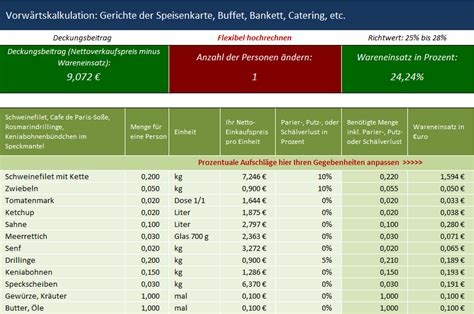 Speisenkalkulation vorlage / preiskalkulation in d. Excel Speisenkalkulation für Gastronomie, Kalkulation für ...