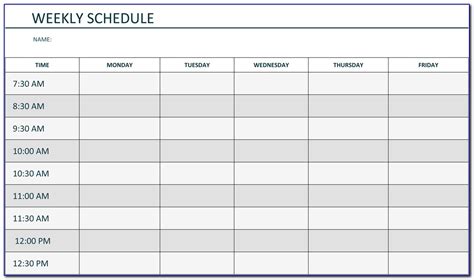 Monday Through Friday Hourly Schedule Template