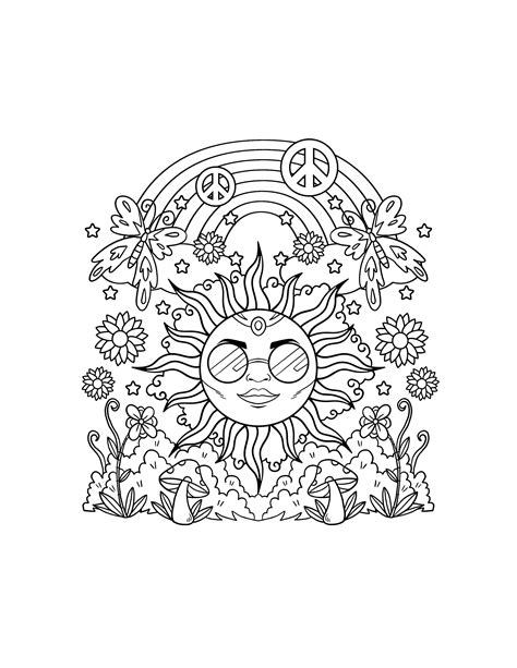 Hippie Sun Printable Coloring Pages Digital Download Etsy