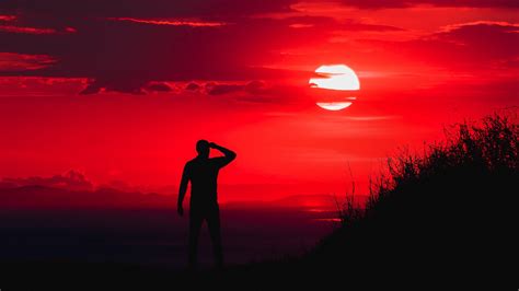 Man Silhouette In The Ablaze Sunset Wallpaper Red Sky Wallpaper 4k