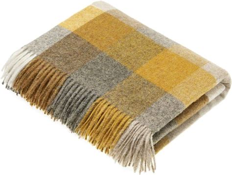 Bronte Harlequin Check Throw Blanket Shetland Pure New Wool Mustard