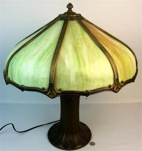 lot antique c 1920 art deco table lamp w bent green slag glass 8 panel shade works