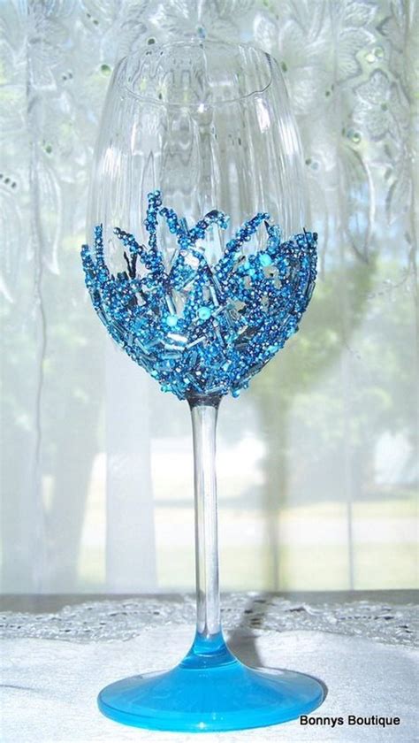 Beaded Wine Glass In Shades Of Aqua And Blues Etsy Wine Glass Hand Painted Wine Glasses