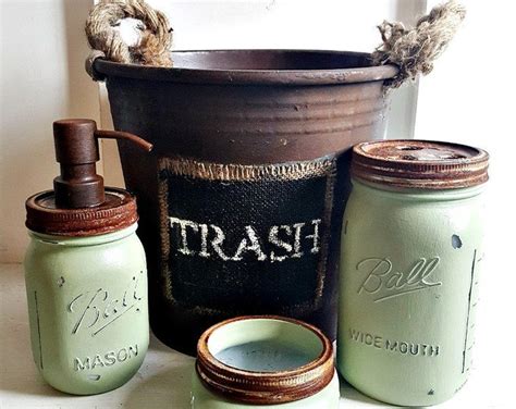 All you need to do is painting these jars with solid white paint spray and place them in your bathroom cabin. Mason Jar Bathroom Set. 4 Piece.Rustic.Grey. Galvinized Waste Basket. Rustic Bathroom Decor ...
