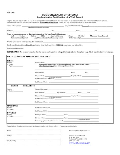 Application For Certification Of A Vital Record Virginia Free Download