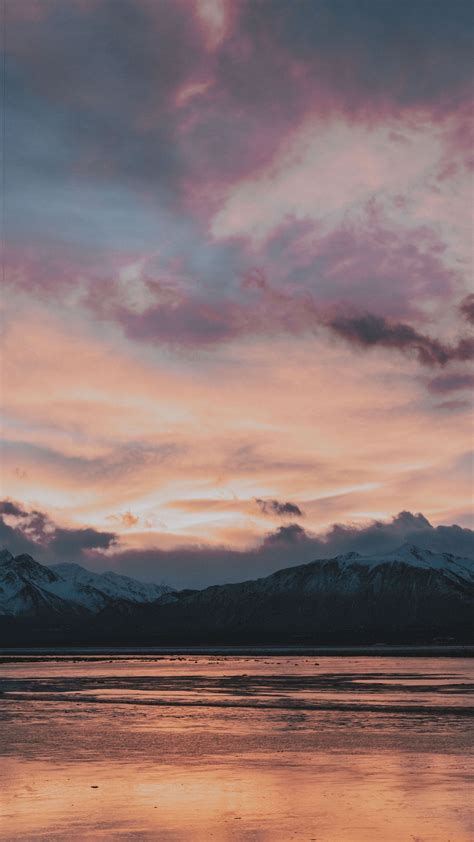 Download Wallpaper 1350x2400 Mountains Sea Sunset Horizon Sky