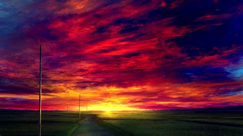 Download 1920x1080 Wallpaper Sunset Road Landscape Anime Clouds