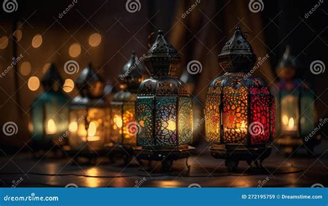 Ornamental Arabic Lanterns With Burning Candles Glowing At Night