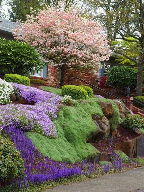 A Hillside Garden With Ground Cover Plants Rock Garden Design Ground