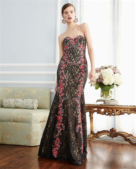 Jovani Strapless Embroidered Floral Lace Gown Blackmulticolor