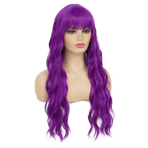 Baruisi Long Wavy Purple Wigs With Bangs Natural Synthetic Heat Resistant Daily Cosplay Hair Wig