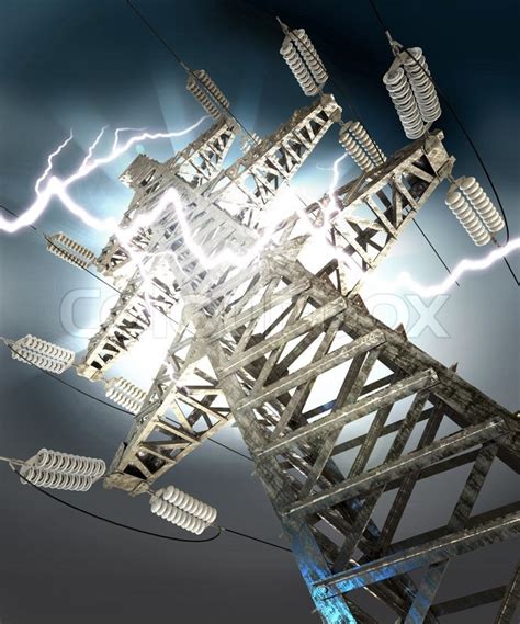 A lightning strike (direct hit by lightning). Lynnedslag Højspændingsledninger tårn | Stock foto | Colourbox