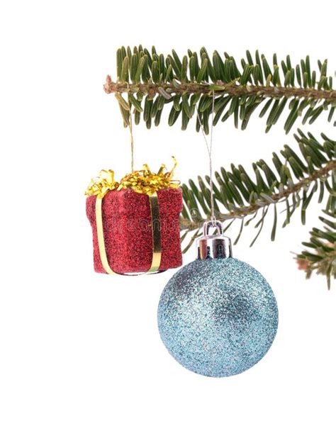 Two Christmas Ornaments Hanging On Tree Branch Stock Photo Image Of
