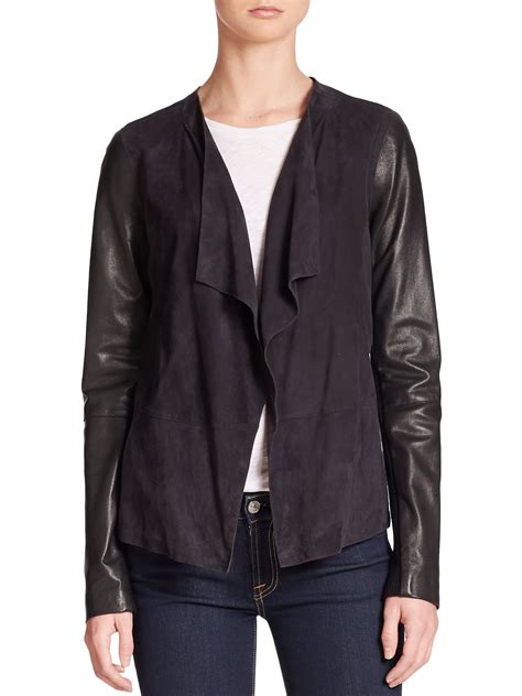 Lyst Vince Draped Leather Detail Knit Jacket In Black